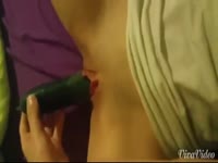 Open minded whore pleases her boyfriend by using massive veggie for her first object insertion